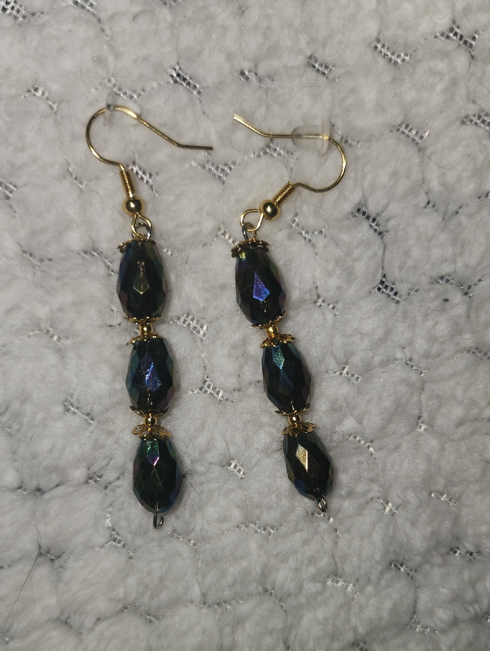 Gold Hook Iridescent Bead Drop Earrings - Black/Green